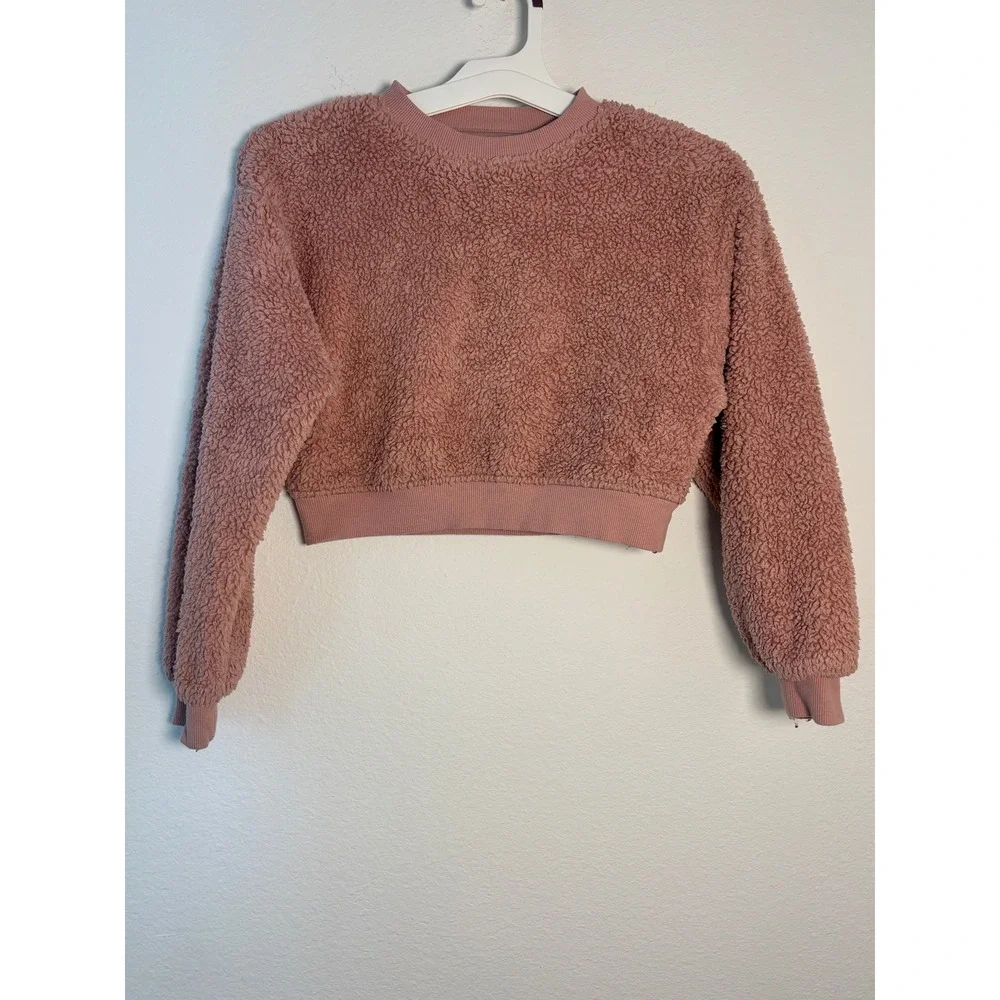 H&M Girls Dusty Rose Pink Teddy Fleece Cropped Sweatshirt Size 8-10Y